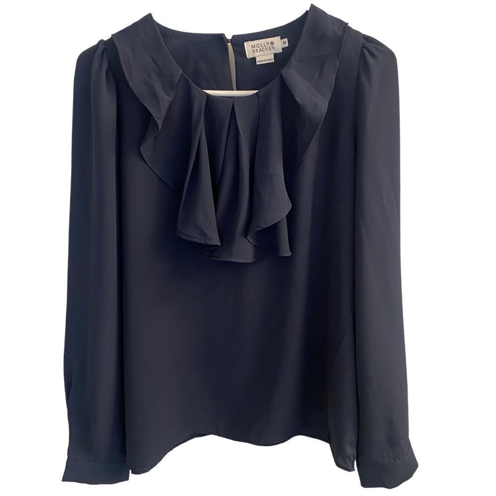 Molly Bracken Blouse Women M Navy Blue Ruffle Neck Long Sleeve Pleat